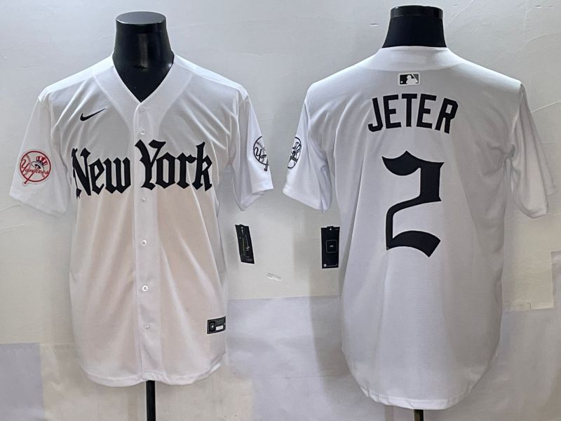 Men 2025 New York Yankees #2 Jeter White Five generations Joint Name Nike MLB Jersey style 15